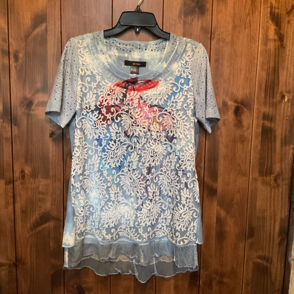 Ali Miles Blue Short Sleeve Lace-Overlay Tee